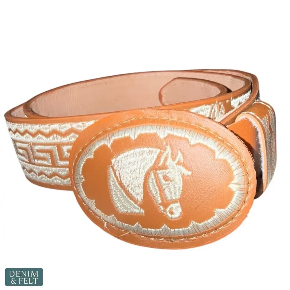 NEW Cinturones Moreno Leather Embroidered Horse Buckle Belt Cognac Western Rodeo